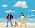 Parents and kid. Cartoon people walking together with happy child. Family outdoor leisure. Family travel. Sea beach