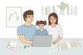 Parents and kid are learning something together. Vector illustration of cute family activities with laptop, book, notebook in the Royalty Free Stock Photo