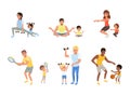 Parents and kids doing sports together set, Mom and dad playing tennis, basketball, doing yoga, exercising with Royalty Free Stock Photo