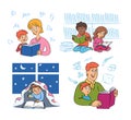 Parents kids reading book isolated characters set