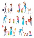 Parents with kids. School kids with father and mother playing lovely hugs exact vector characters