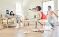 Parents on laptop, happy family and running children playing pretend games, fun or imagine being superhero, princess or Royalty Free Stock Photo