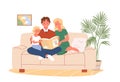 Parents people reading adventure story book to kid, sitting together on cozy sofa couch