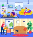 Parents play and study with children, vector illustration. Family spending time together at home, father have fun with