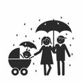 Parents with stroller with rain umbrella, family, black silhouette, vector icon, illustration Royalty Free Stock Photo