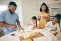 Parents, prepare and children in kitchen for breakfast, lunch and eating meal at home together. Happy family, morning Royalty Free Stock Photo