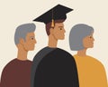 Parents proud graduate son, flat vector illustration with young graduate with diploma certificate, mother, father
