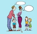 Parents quarrel and child listen. Family conflict. Parents and three children.