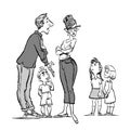 Parents quarrel and child listen. Family conflict. Parents and three children.