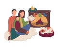 Parents Reading Books with son on Christmas Eve at Home. Winter Holidays Happy Characters near Fireplace. Mom Read Book
