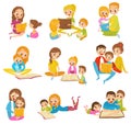 Parents reading books to they kids together set cartoon vector Illustrations on a white background