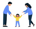 Parents reassure a crying baby. A man and a woman are standing next to a little girl.