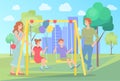 Parents ride their children on swing in city park, summer, family outdoor vacations. Flat image Royalty Free Stock Photo