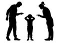 Parents scold the child. Mom and Dad scold the baby who is guilty. Silhouette vector on white background Royalty Free Stock Photo