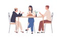 Parents and son teenager at family dinner, eating and talking at dining table. Happy mother, father and teen boy having