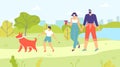 Parents and Son Walking Dog in City Park Cartoon Royalty Free Stock Photo