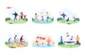 Parents sport activities. Sportive activeness fun family practicing physical exercise, kid play fitness game together Royalty Free Stock Photo