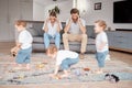 Parents, stress and busy with an adhd child running around a home living room with energy or motion blur. Family Royalty Free Stock Photo