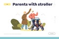 Parents with stroller concept of landing page with young couple walk outdoors push pram with twins