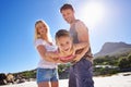 Parents, swing and playing with girl at beach in portrait with care, love and bonding in summer on holiday. Father Royalty Free Stock Photo