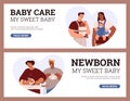 Parents taking care of newborns, web banners set - flat vector illustration. Royalty Free Stock Photo