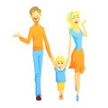 Parents Taking A Walk With Son Holding Hands, Happy Loving Families With Kids Spending Weekend Together Vector