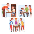 Parents Teaching their Children Set, Mom and Dad Helping their Kids with Homework and Explaining Lesson Cartoon Vector