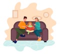 Parents with their child girl are sitting on the cozy sofa and reading book. The concept of happy family and earlier Royalty Free Stock Photo