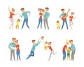 Parents with Their Children Spending Good Time Together Dancing, Embracing, Playing Guitar and Ball Vector Set Royalty Free Stock Photo