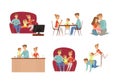 Parents with Their Children Spending Good Time Together Playing Computer Game, Eating, Sitting in Armchair and Cooking Royalty Free Stock Photo