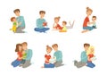 Parents with Their Children Spending Good Time Together Reading Book and Embracing Vector Set Royalty Free Stock Photo