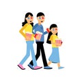 Parents with their daughter wearing 3d glasses with popcorn going to the cinema, happy family concept vector