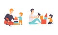 Parents and their Kids Having Good Time Together Set, Dad Playing Pyramid and Toy Blocks with Son Flat Vector