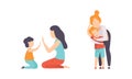 Parents and their Kids Having Good Time Together Set, Mom Playing Patty Cake and Hugging Son Flat Vector Illustration