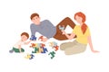 Parents and their son sitting on floor and playing puzzle board game. Family spending pastime at home together cartoon Royalty Free Stock Photo