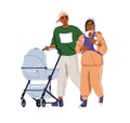 Parents walking with infant baby in sling. Young mother, father strolling with newborn child and pram, stroller. Mom Royalty Free Stock Photo