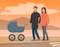 Parents Walking with Baby Stroller, Mountain View Royalty Free Stock Photo