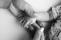 Parents& x27; hands hold the fingers of a newborn baby. The hand of a mother and father close-up Royalty Free Stock Photo