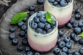 parfait blueberries with yogurt and blueberry jam. Healthy breakfast. Super food healthy eating vegetarian vegan food on a dark Royalty Free Stock Photo