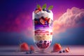 Parfait Dessert with multiple layers in a tall glass, white yogurt, purple blackberries, or, strawberries, fruit.