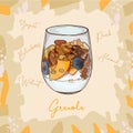 Parfait dessert with granola, blueberry, peach and yogurt sketch style image. Hand drawn vector illustration. Isolated menu design