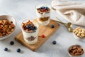 Parfait. Glasses with homemade granola with yogurt and fresh berries on white concrete background. Dieting, recipe. Side view, Royalty Free Stock Photo