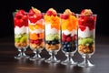 parfait glasses with layered fruit salad and yogurt