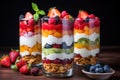 parfait glasses with layered fruit salad and yogurt