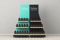 Parfume Bottles on a Wooden Store Product Display Showcase Rack Shelves. 3d Rendering