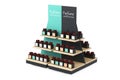 Parfume Bottles on a Wooden Store Product Display Showcase Rack Shelves. 3d Rendering