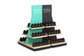 Parfume Bottles on a Wooden Store Product Display Showcase Rack Shelves. 3d Rendering