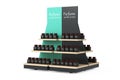 Parfume Bottles on a Wooden Store Product Display Showcase Rack Shelves. 3d Rendering