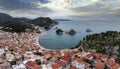 Parga city, Greece. Aerial drone view of the Castle ruins, the traditional town building and the islands Royalty Free Stock Photo