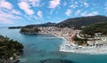 Parga Epirus Greece. Aerial drone view of waterfront Ionian city, coastal road, transparent sea Royalty Free Stock Photo